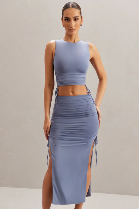 Mid Rise Midi Skirt in Blue