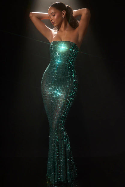 Embellished Strapless Gown in Emerald Green