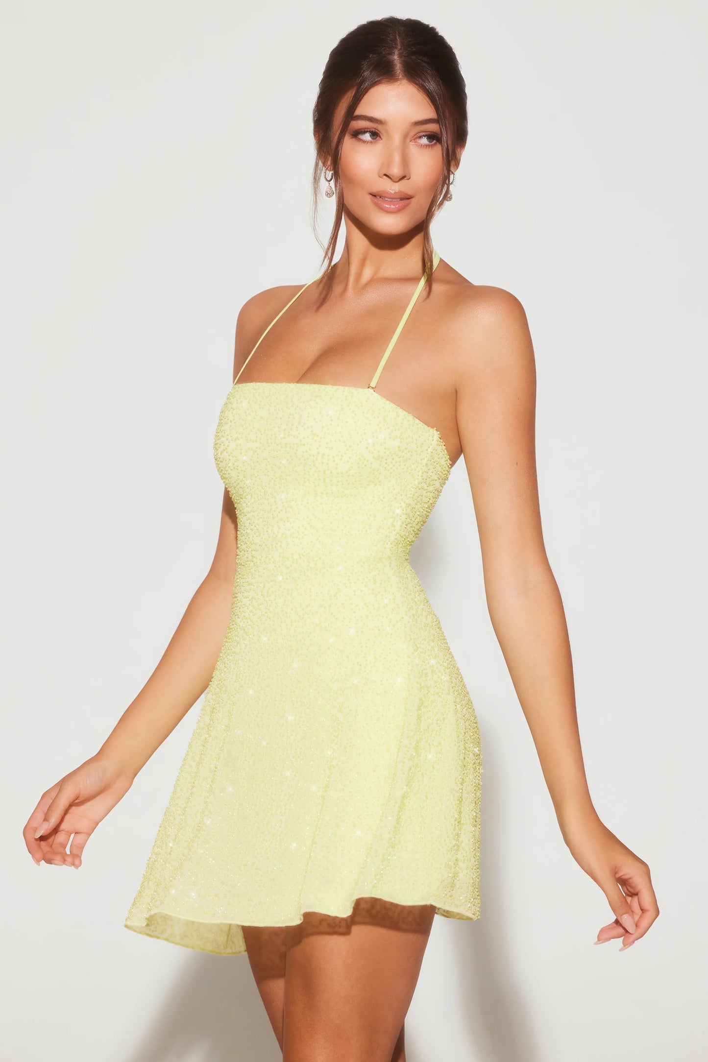 Embellished Multi Wear A-Line Mini Dress in Lime Green