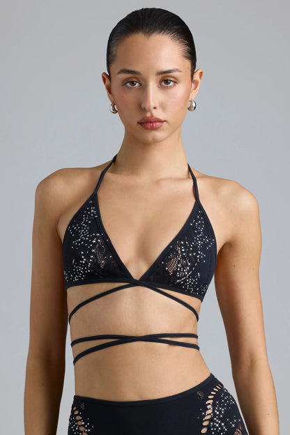 Embellished Cross-Strap Bikini Top in Black