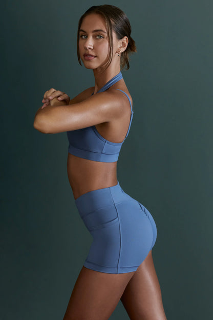 Plunge Neck Wrap Over Sports Bra in Blue