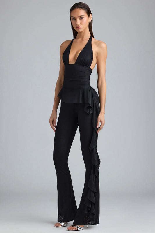 Petite Metallic Ruffle Low-Rise Flared Trousers in Black