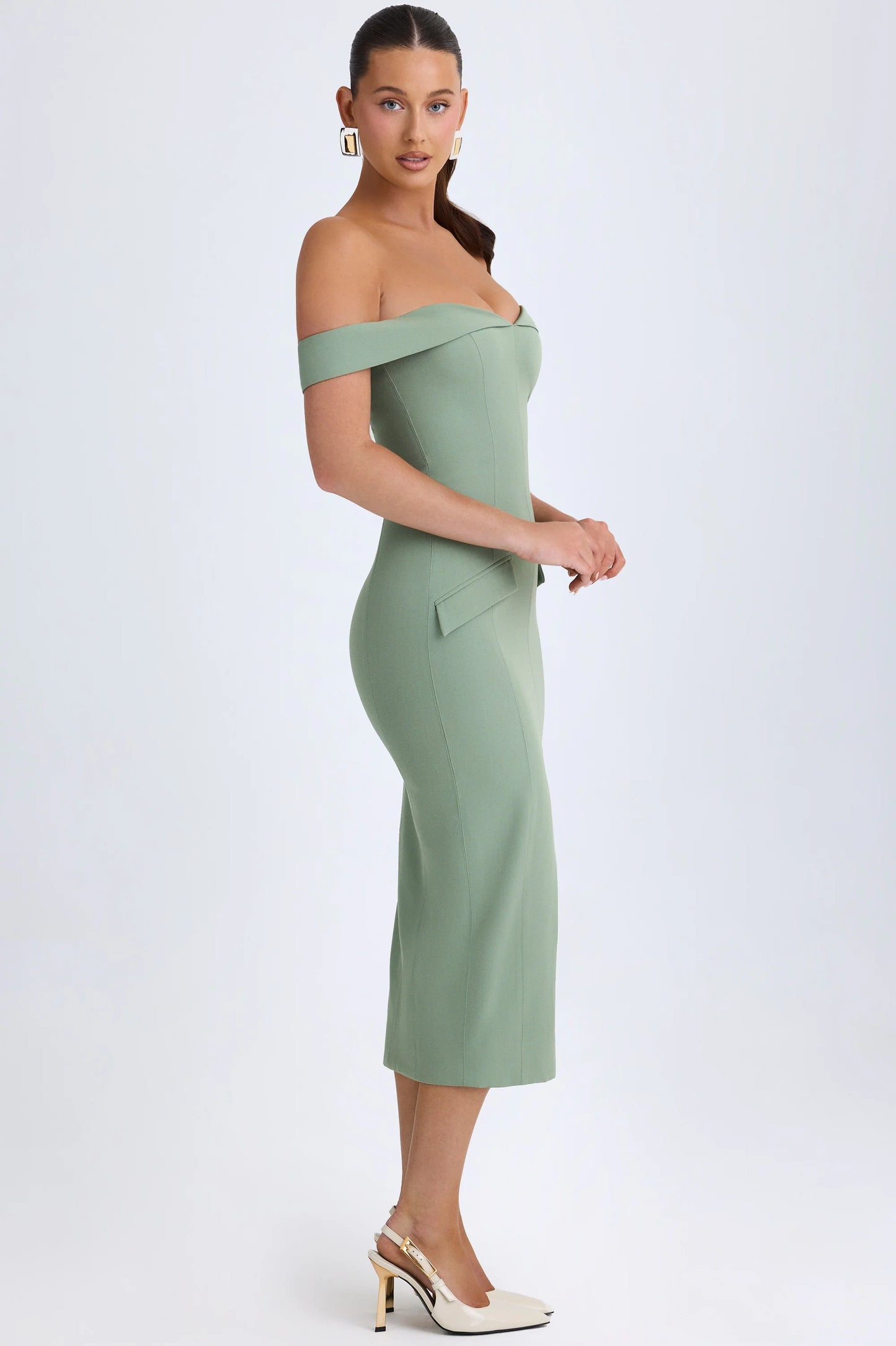 Off-Shoulder Midaxi Dress in Khaki Green