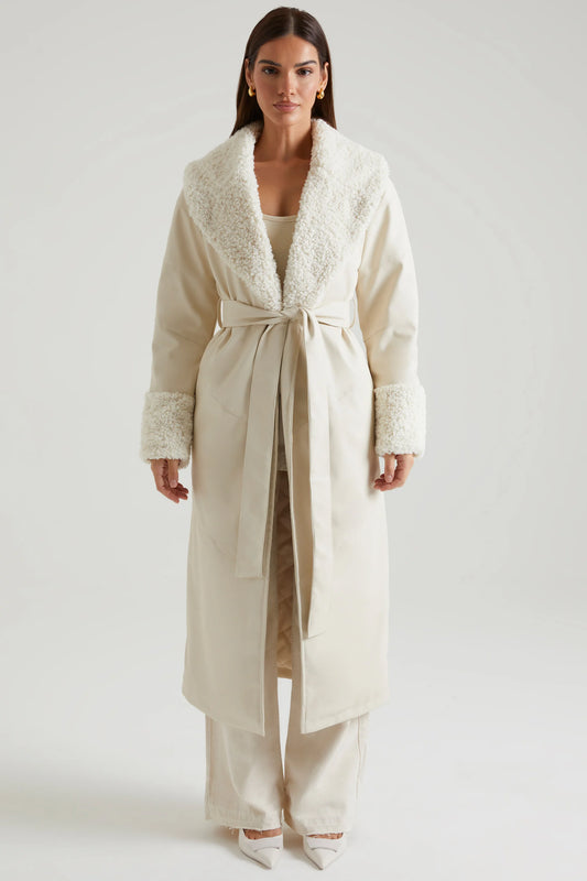 Tie Up Coat with Shearling Collar and Cuffs in Cream