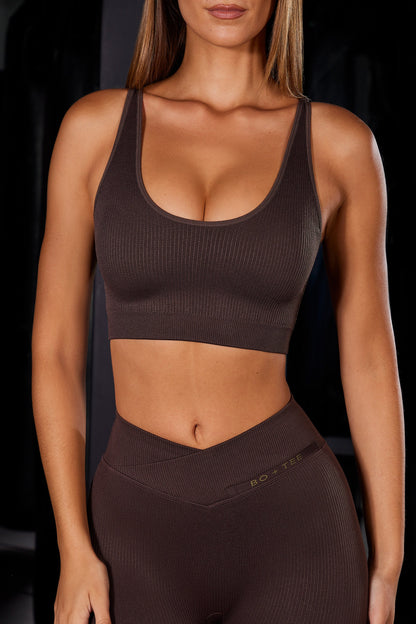 Open Back Plunge Neck Sports Bra in Brown