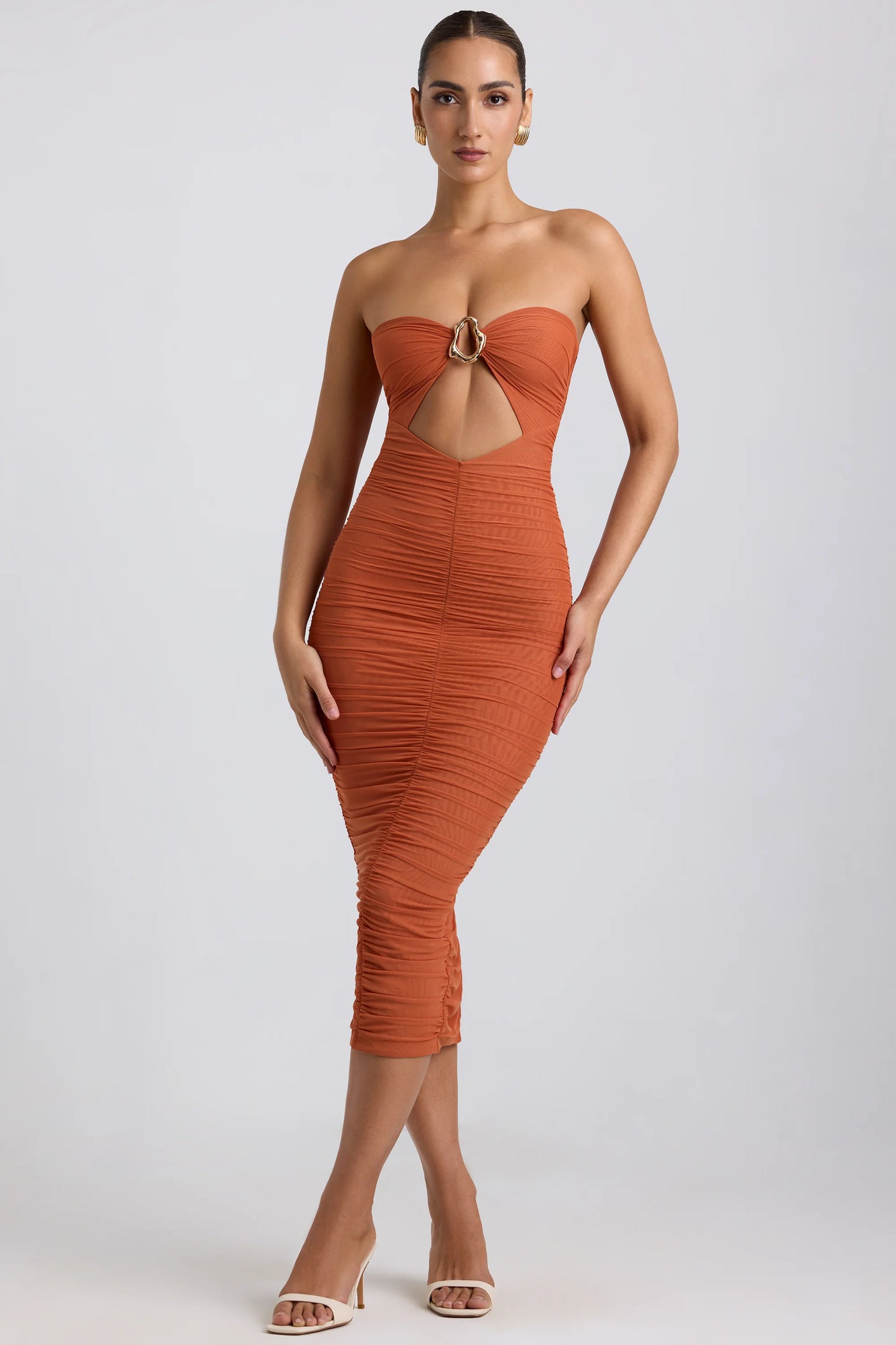 Ruched Hardware Detail Strapless Midaxi Dress in Burnt Orange