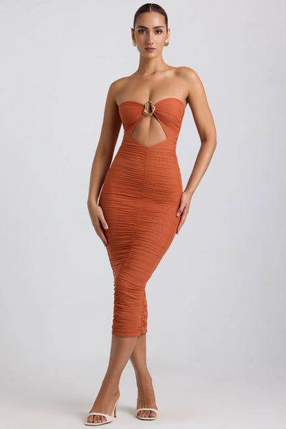 Ruched Hardware Detail Strapless Midaxi Dress in Burnt Orange