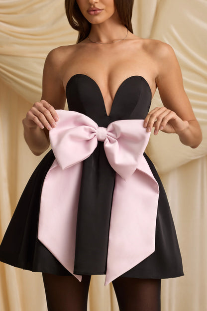 Bow-Detail Corset Mini Dress in Black