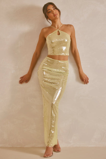 Sheer Sequin Mid Rise Maxi Skirt in Pistachio