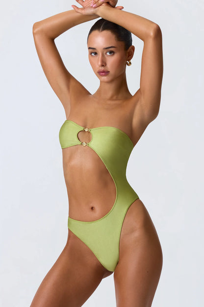 Embellished Cut-Out Bandeau Swimsuit in Pear Green