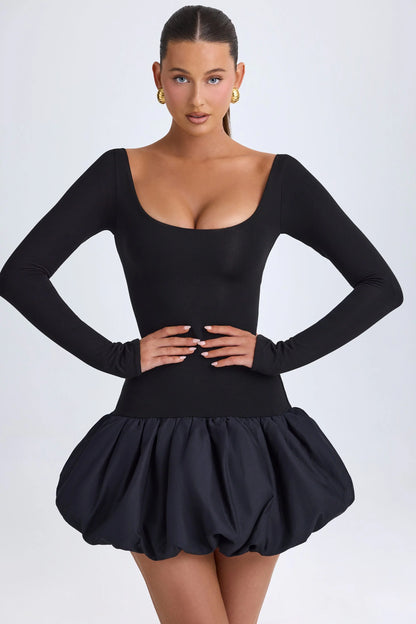 Scoop-Neck Drop-Waist Bubble Hem Mini Dress in Black