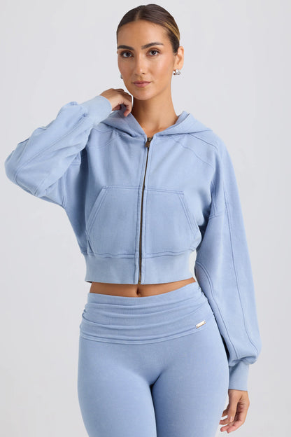 Zip-Up Cropped Hoodie in Washed Blue