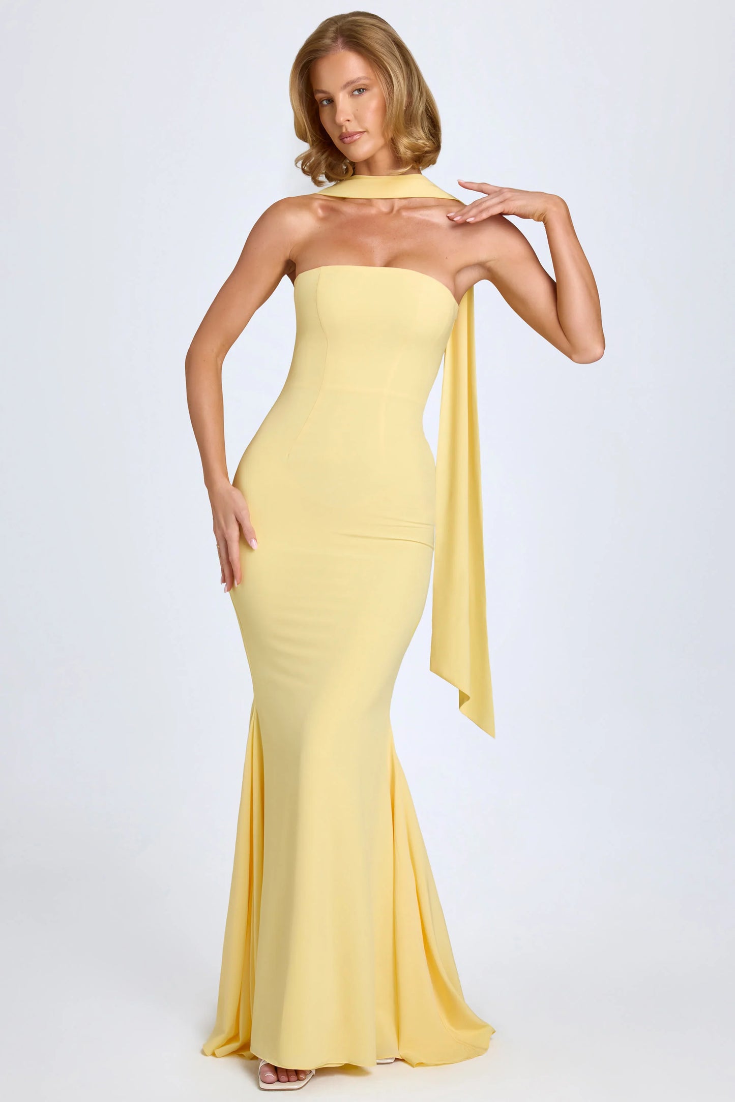 Scarf-Detail Strapless Gown in Pastel Yellow