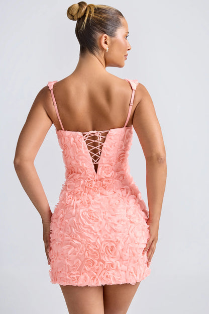 Floral-Appliqué Corset Mini Dress in Coral