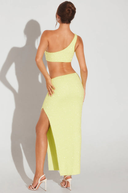 Embellished Side Split Maxi Skirt in Lime Green