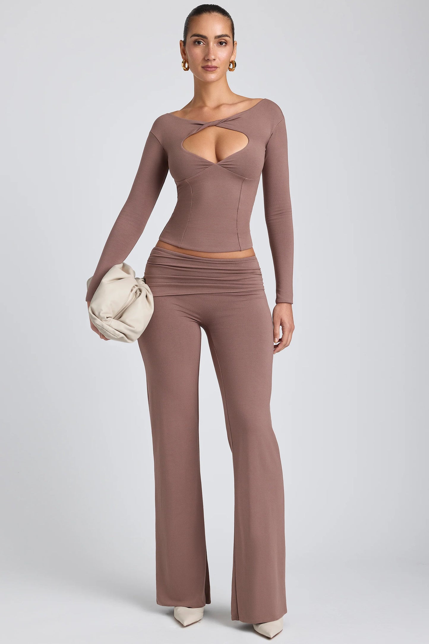 Modal Mid-Rise Straight-Leg Trousers in Taupe