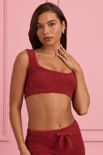 Fluffy Knit Scoop-Neck Bralette in Ruby Red