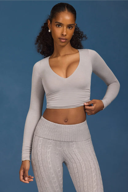 Ruched Long-Sleeve Crop Top in Grey