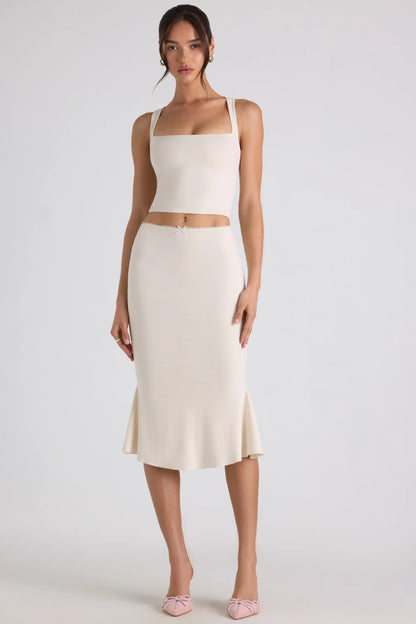 Modal Bow-Detail Mid-Rise Midi Skirt in Ivory