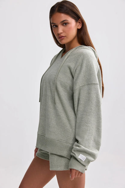 Terry Towelling V-Neck Hoodie in Sage Grey