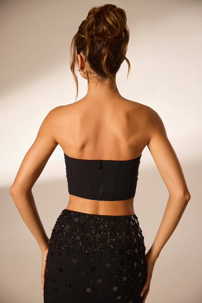 Hand Embellished Bandeau Corset Crop Top in Black