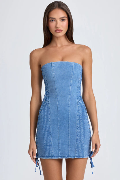 Bandeau Lace-Up Mini Dress in Mid Blue Stonewash