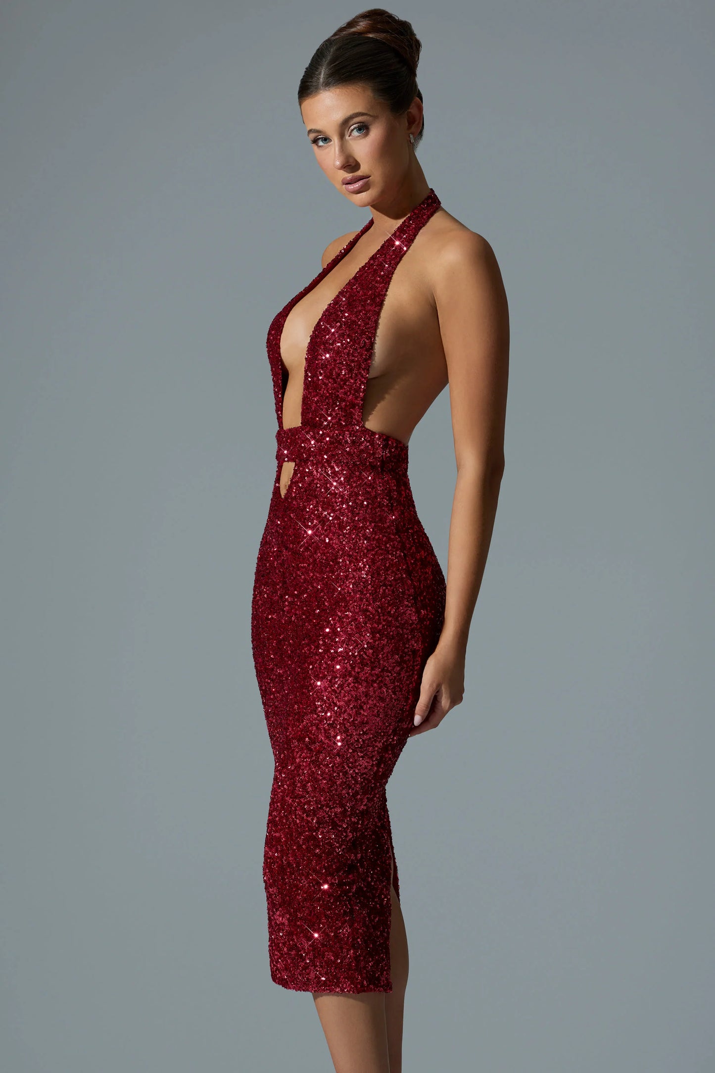 Embellished Cut-Out Open-Back Midaxi Dress in Red