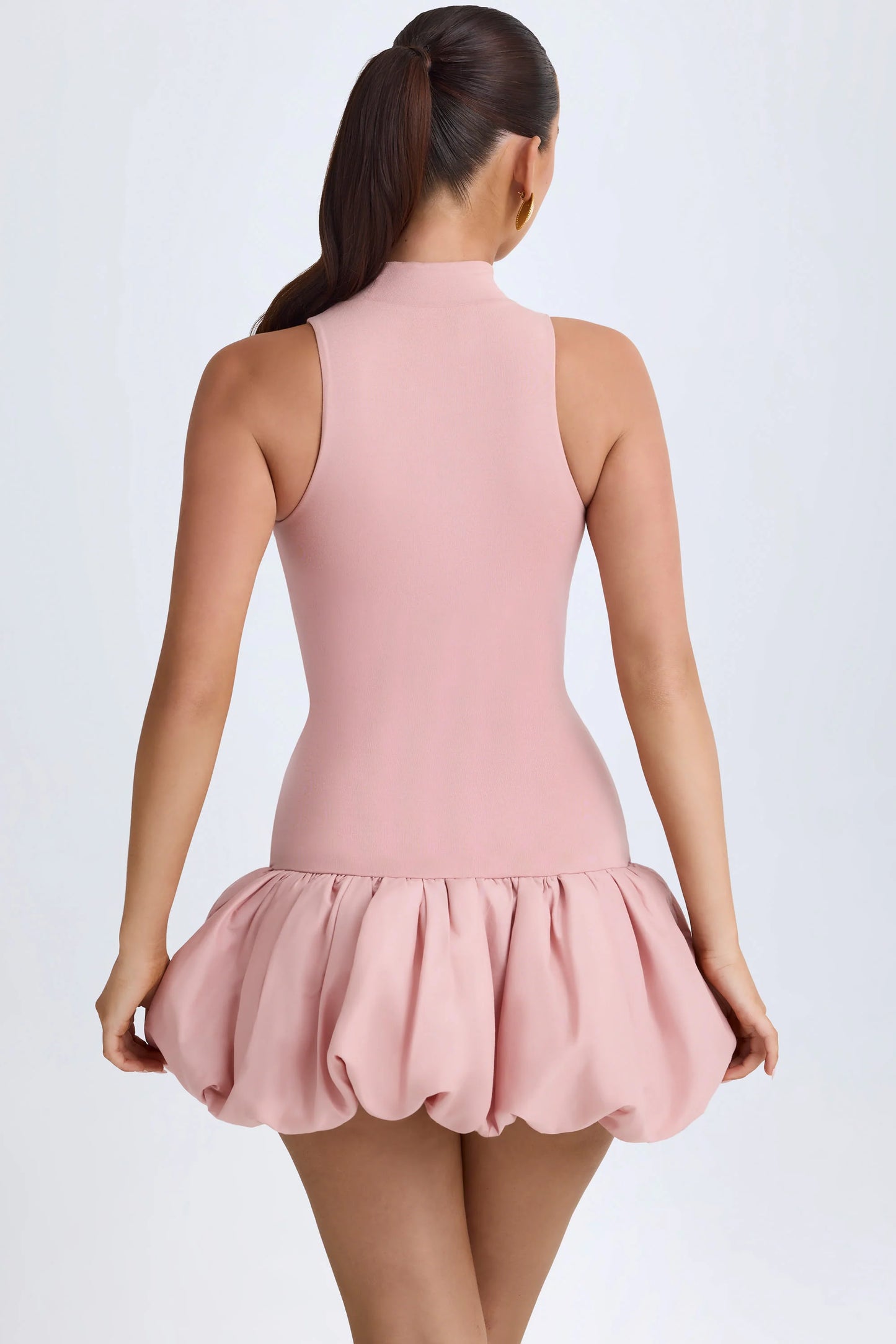 Turtleneck Drop-Waist Bubble Hem Mini Dress in Pink Mauve