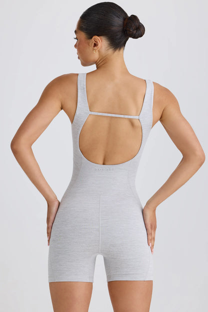 Soft Active Open-Back Unitard in Grey Marl