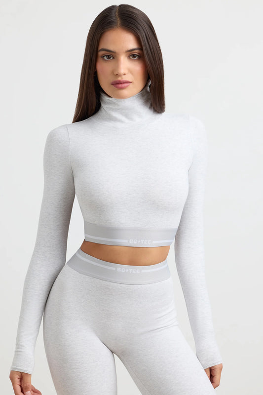 Turtleneck Backless Long-Sleeve Crop Top in Grey Marl