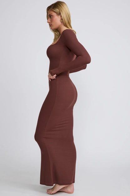 Ribbed Modal Mid Rise Maxi Skirt in Chocolate