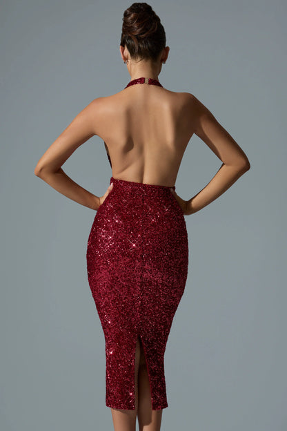 Embellished Cut-Out Open-Back Midaxi Dress in Red