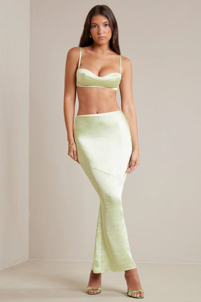 Bias Cut Satin Maxi Skirt in Lime