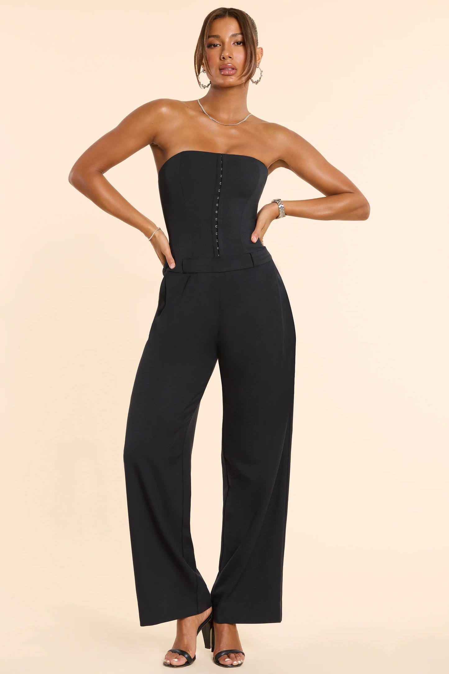 Brushed Twill Bandeau Corset Jumpsuit in Black