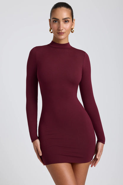 Modal Open-Back Long-Sleeve Mini Dress in Plum