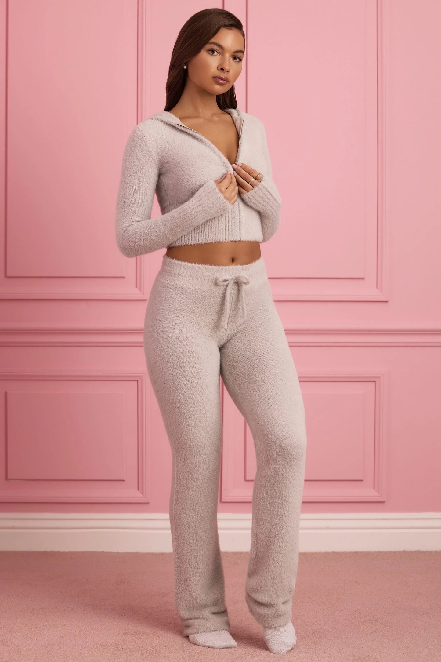 Fluffy Knit Wide-Leg Trousers in Cloud Grey