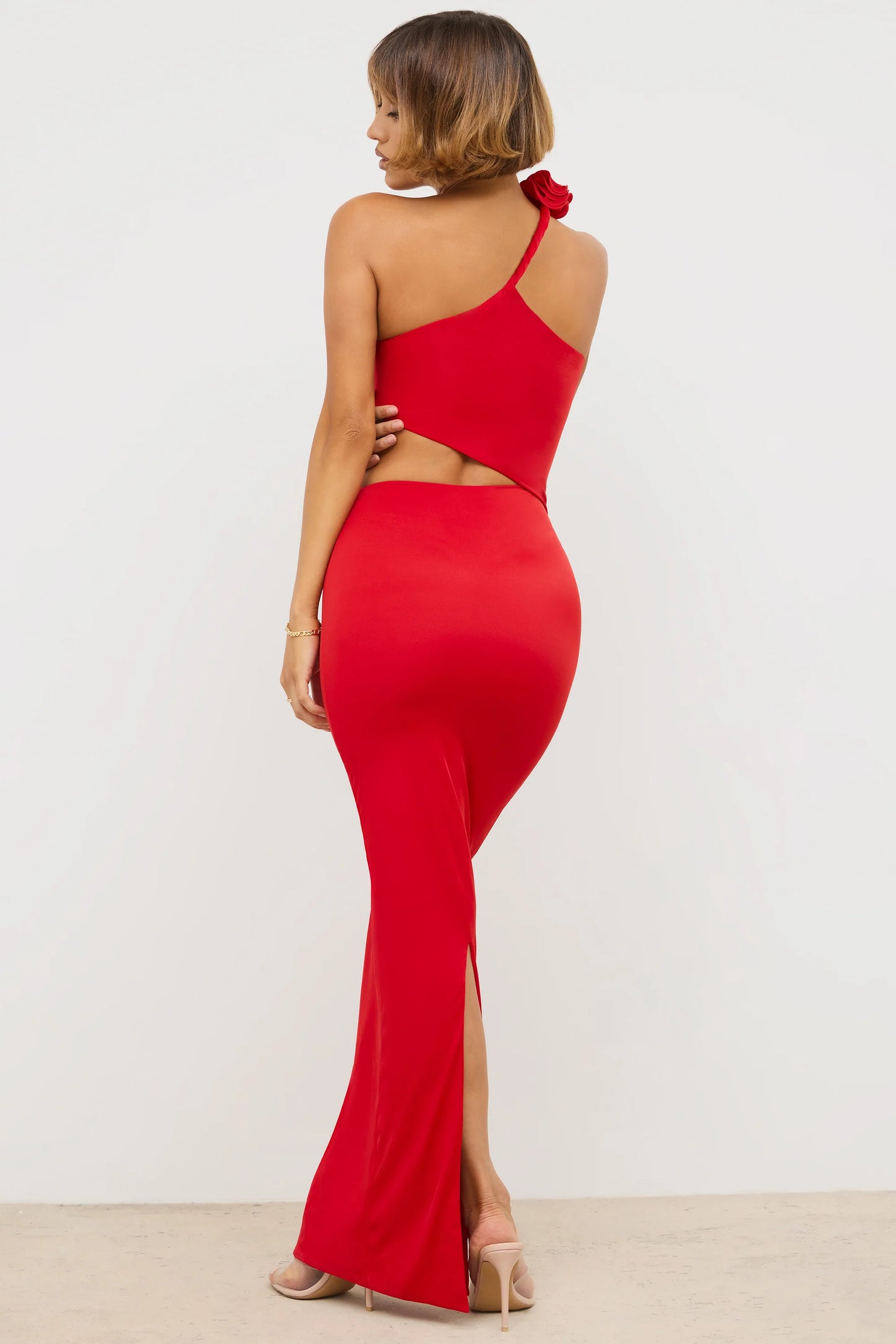 Premium Jersey Asymmetric Cut Out Maxi Dress  in Scarlet Red