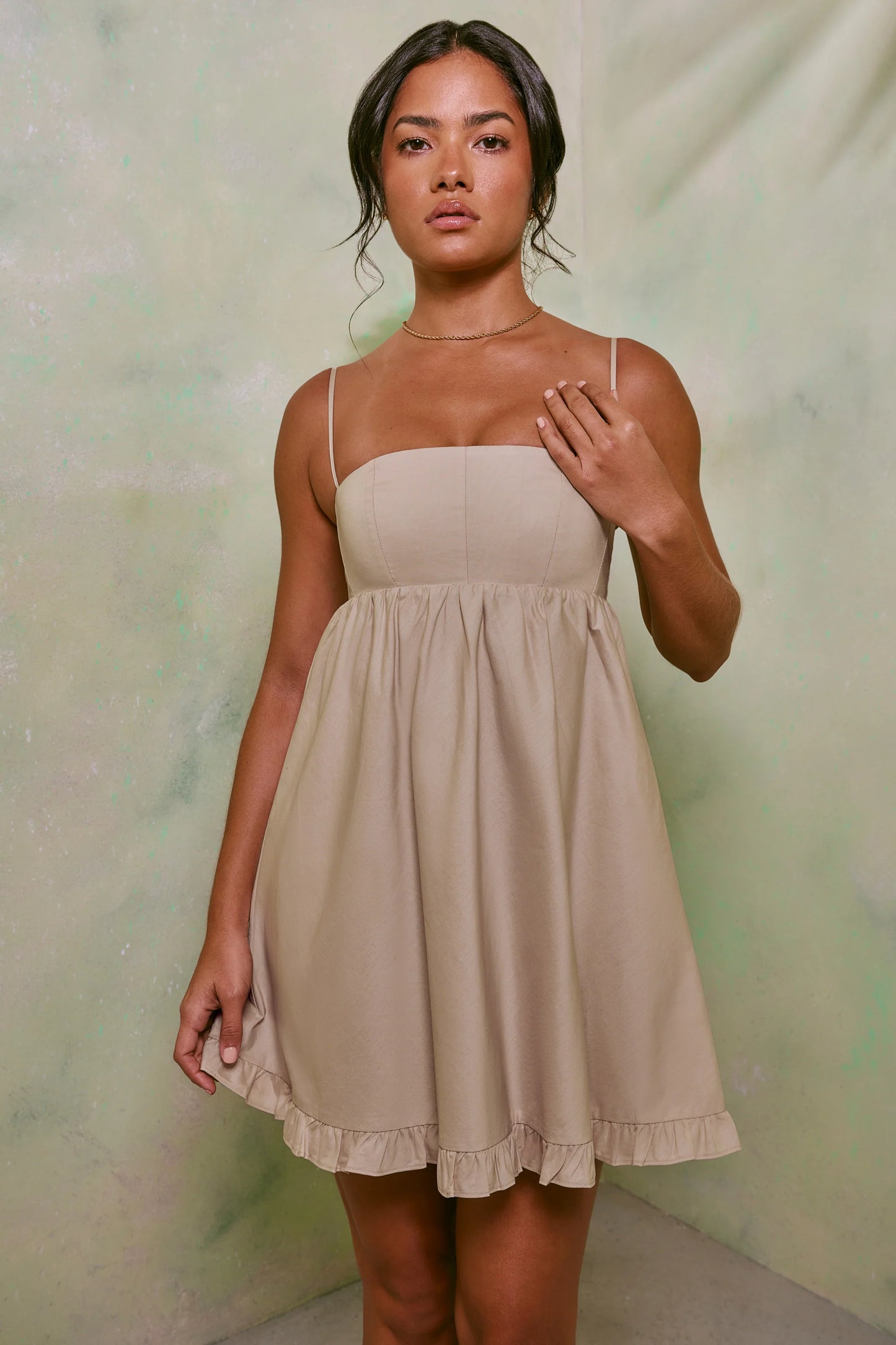 Empire Waist Cotton A-Line Mini Dress in Sand