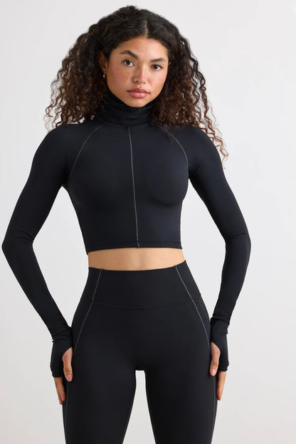 Soft Active Turtleneck Crop Top in Black