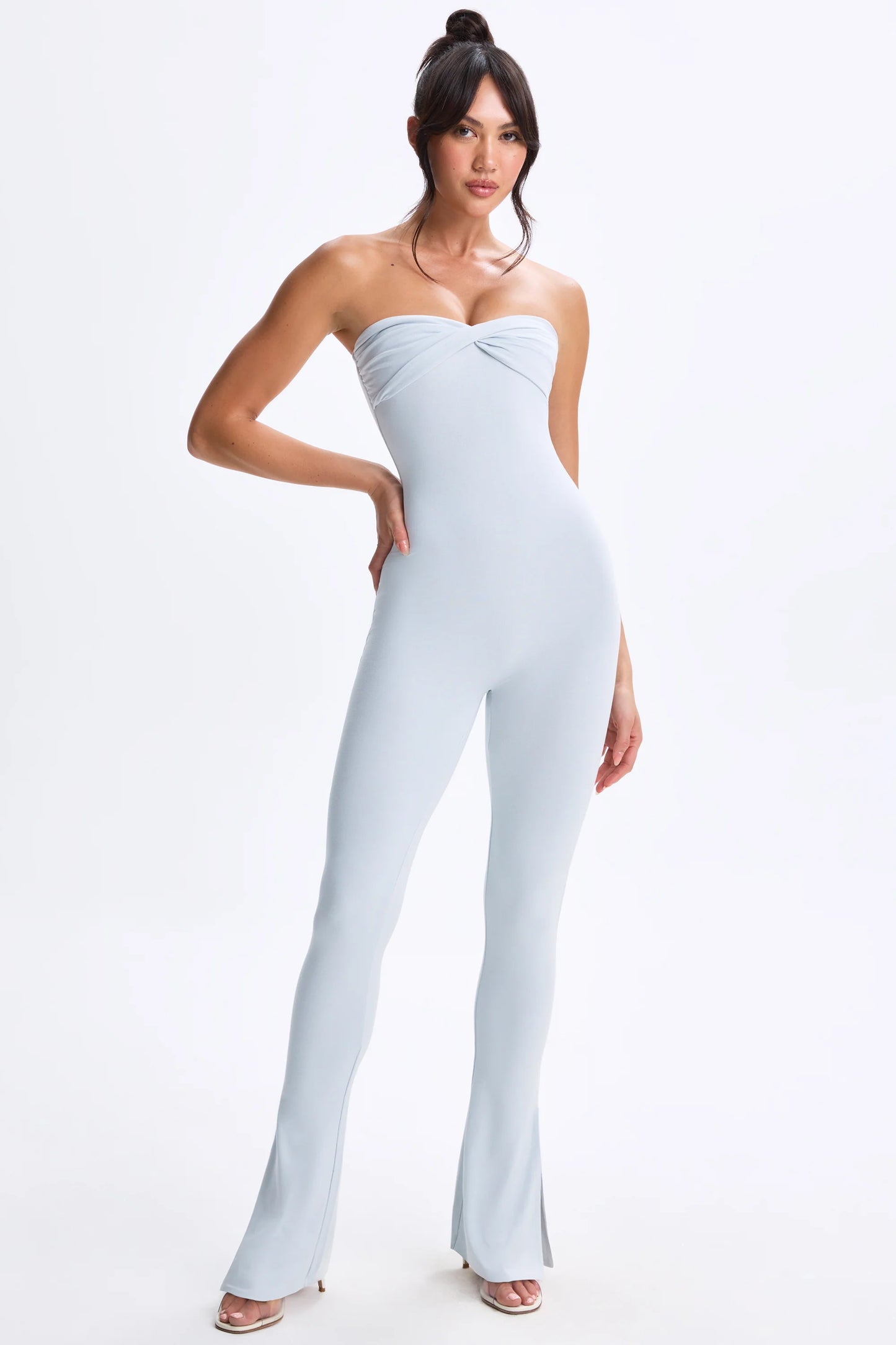 Twist-Front Split Hem Flared Jumpsuit in Dusty Blue