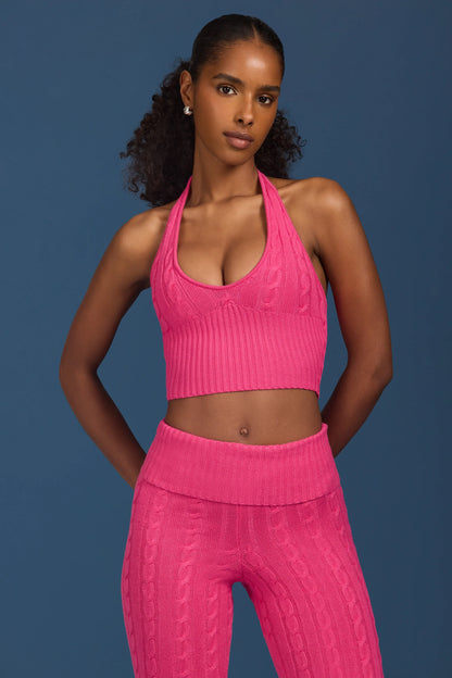 Cable-Knit Halterneck Crop Top in Hot Pink