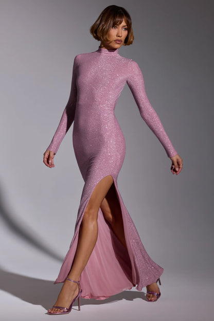 Embellished Long Sleeve Evening Gown in Light Pink