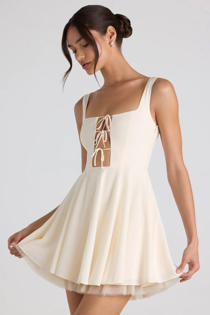 Tie-Detail A-Line Micro Mini Dress in Ivory