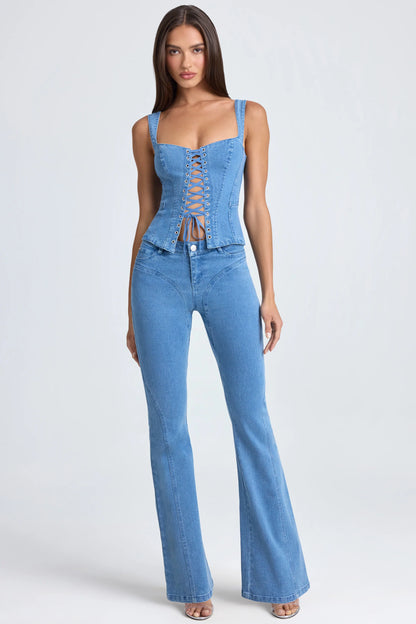 Petite Mid-Rise Flared Jeans in Mid Blue Stonewash