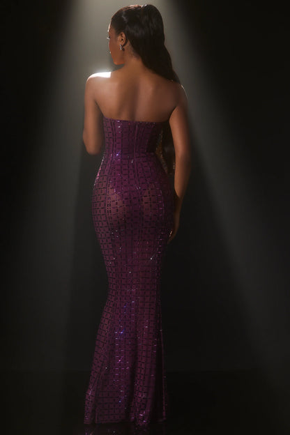 Embellished Strapless Gown in Deep Purple