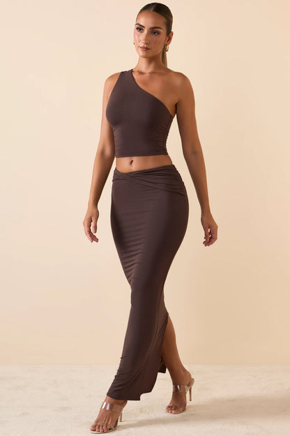 Modal Twist-Front Maxi Skirt in Chocolate Brown