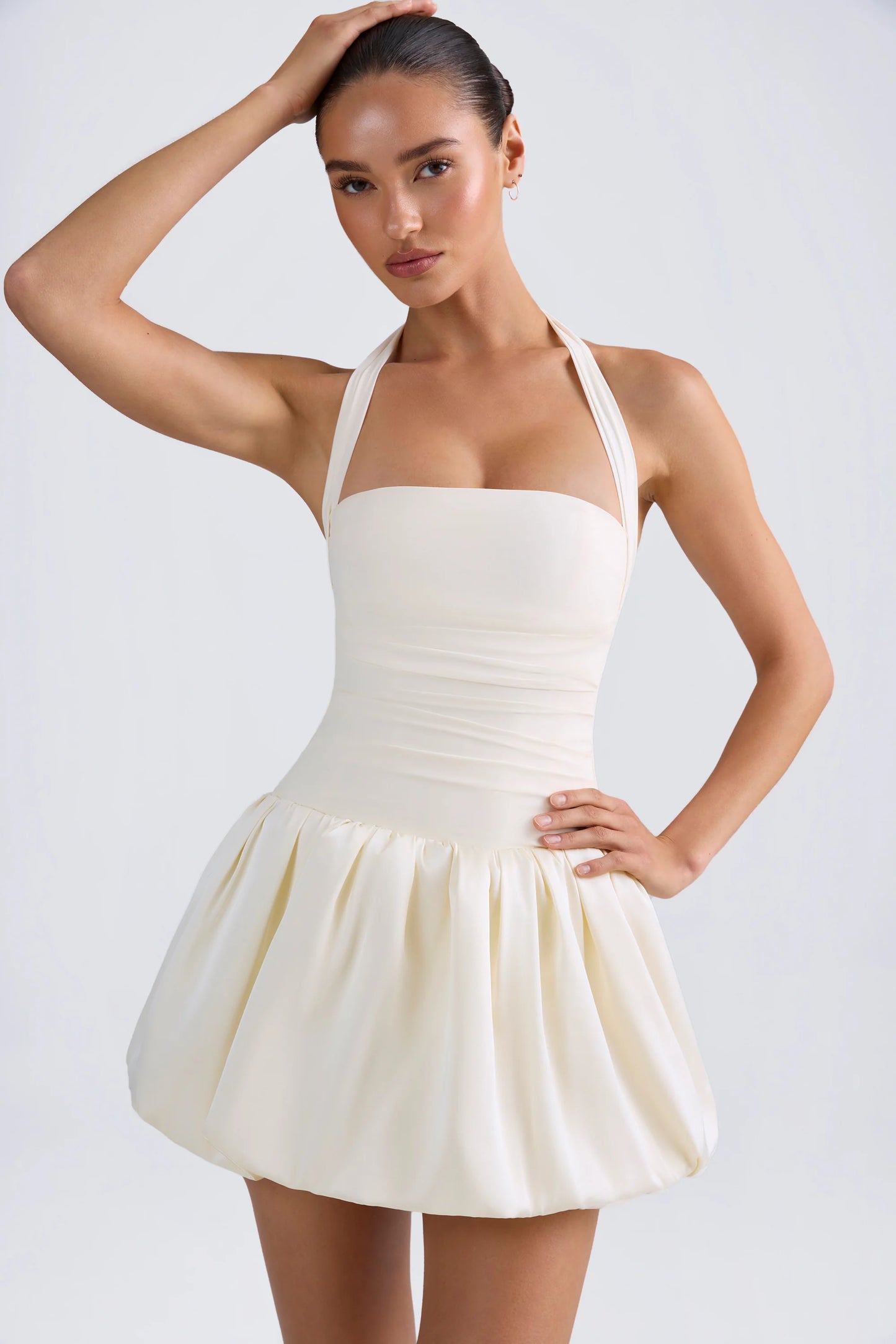 Halterneck Lace-Up Bubble Hem Corset Micro Mini Dress in Ivory