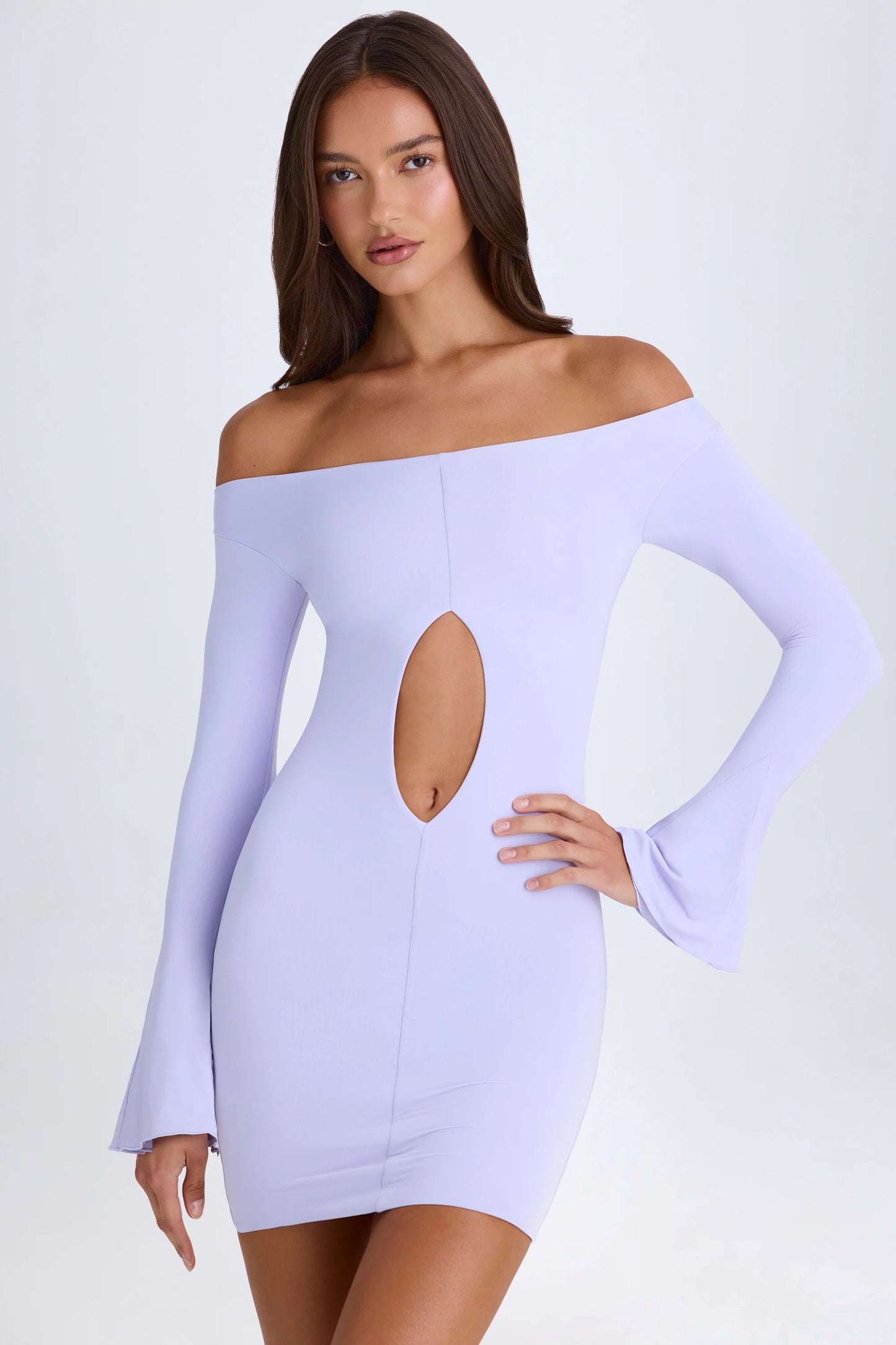 Off-Shoulder Cut-Out Mini Dress in Soft Lilac