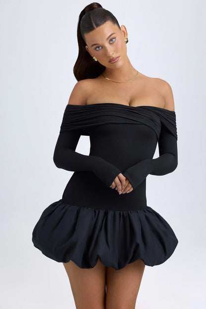 Modal Off-Shoulder Bubble Hem Mini Dress in Black