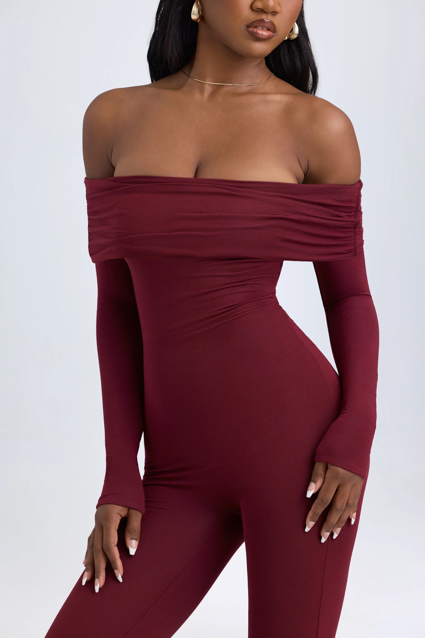 Petite Modal Off-Shoulder Ruched Jumpsuit in Wine Red